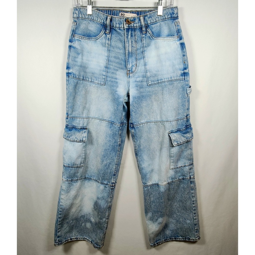SO Women's High Rise Cargo Wide Leg‎ Jeans Light Wash Bleached Blue Size Medium - Picture 2 of 12